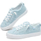 Light blue tweed women's fashion sneakers with white laces and soles, stylish casual shoes