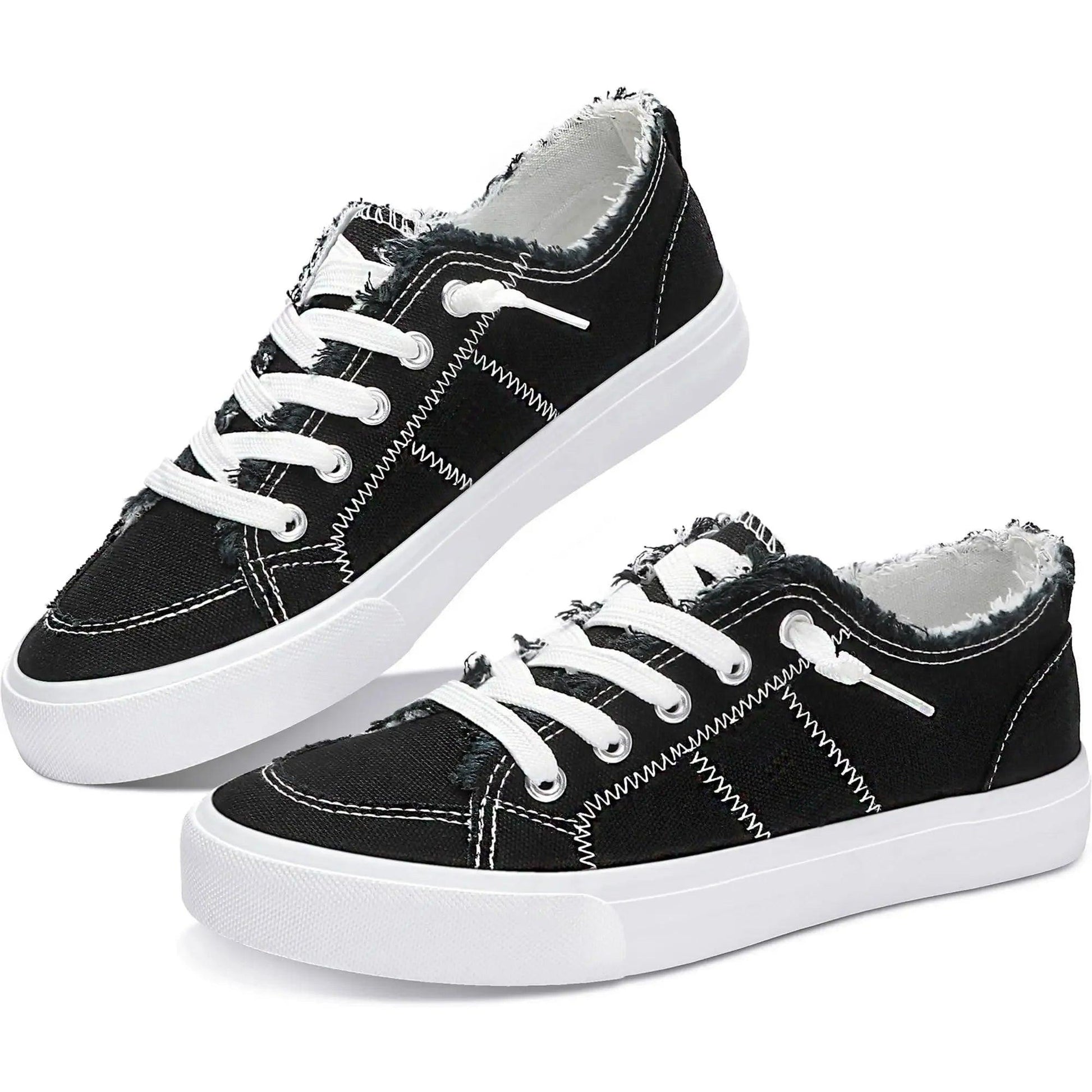 Black women's canvas sneakers with white laces and distressed detailing, casual fashion footwear