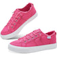Pink canvas sneakers with frayed edges and white soles, women's fashion footwear