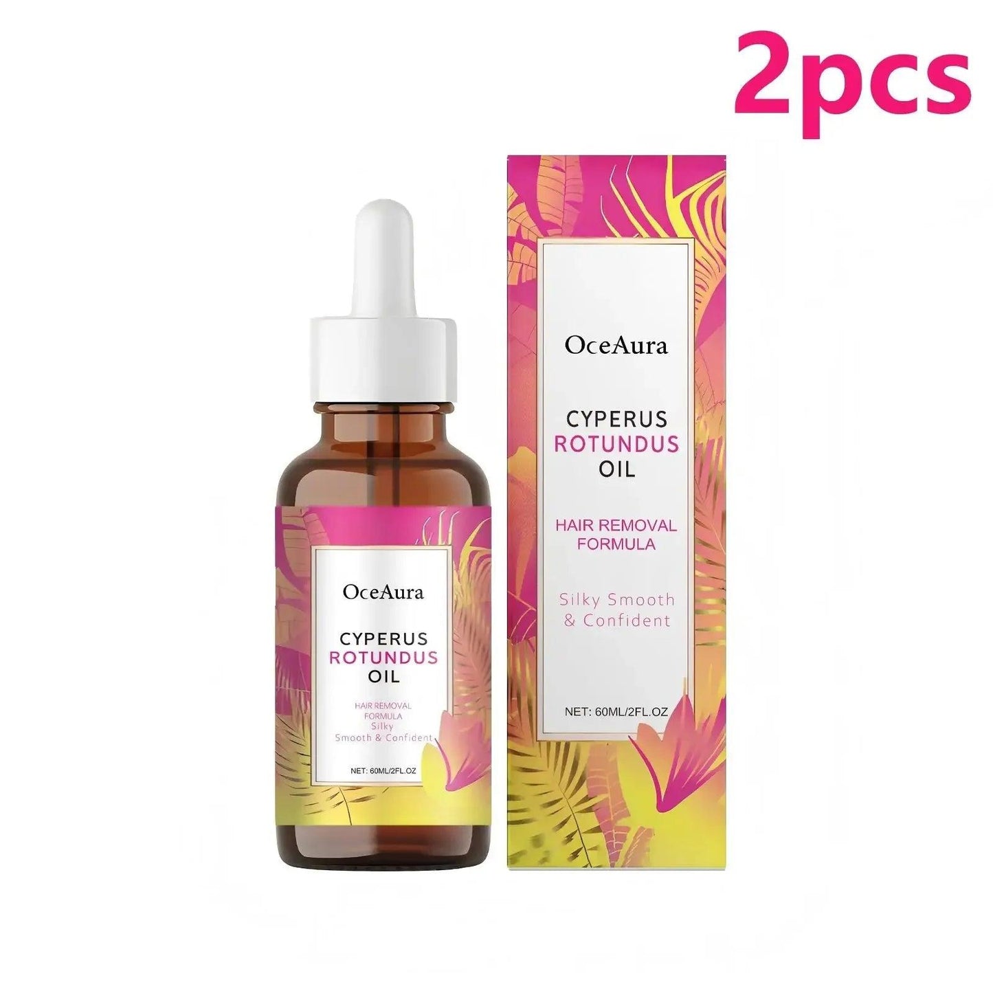 OceAura Cyperus Rotundus Oil hair removal formula, 60ml bottle with dropper, 2 pcs pack, silky smooth skin