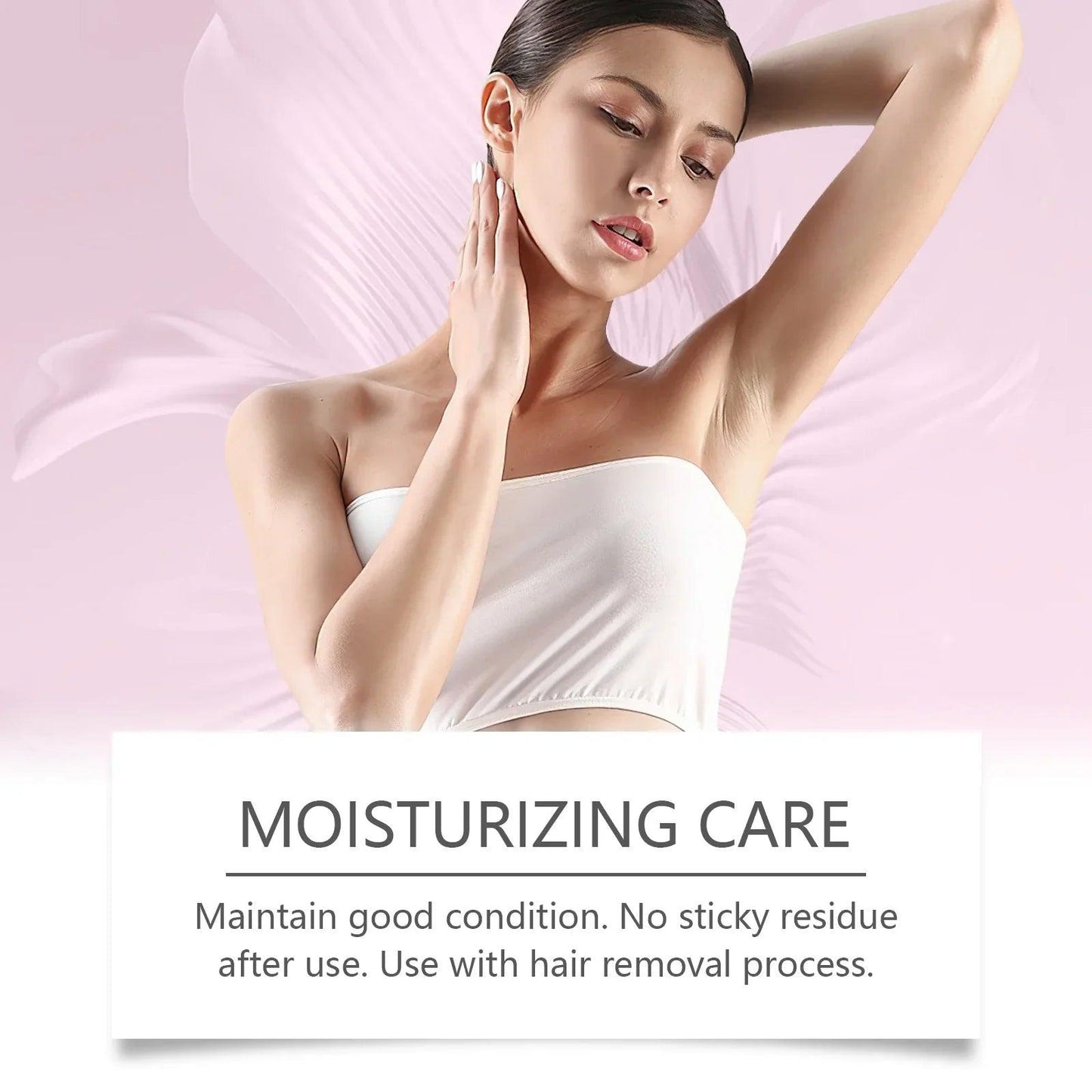 Woman with smooth underarms using moisturizing care after hair removal, soft pink background