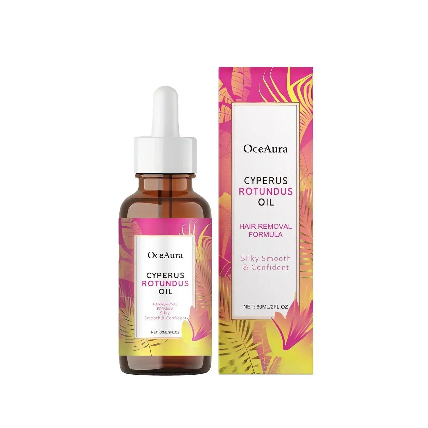 OceAura Cyperus Rotundus Oil hair removal formula for silky smooth skin, 60ml bottle with dropper and box