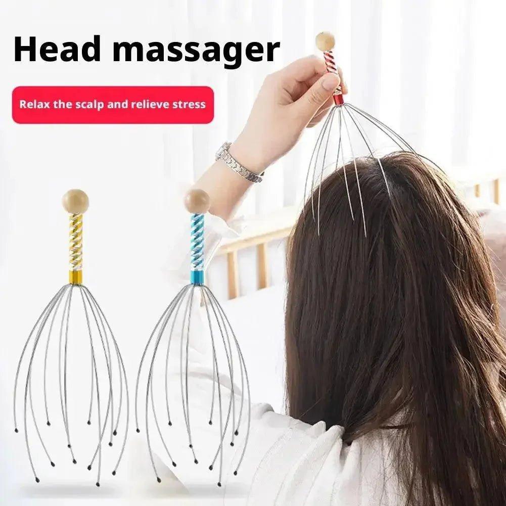 Head massager for scalp relaxation and stress relief, featuring metal prongs and wooden handle