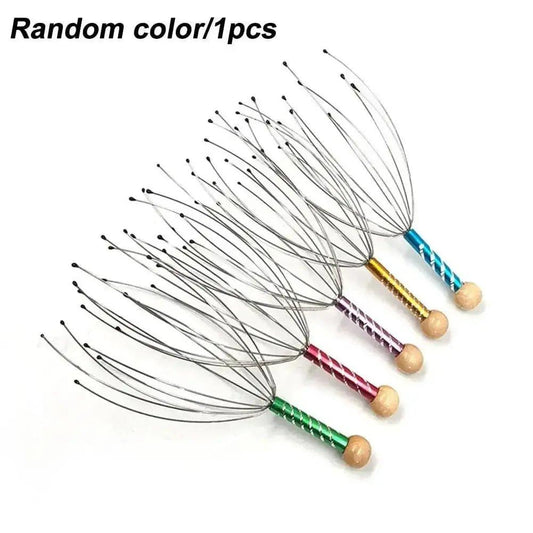 Colorful scalp massager with metal prongs and wooden handle for relaxation and hair care