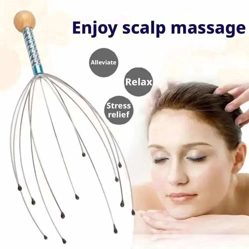 Scalp massager for relaxation and stress relief, featuring metal prongs and wooden handle