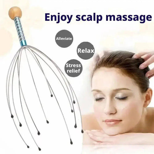 Scalp massager for relaxation and stress relief, featuring metal prongs and wooden handle