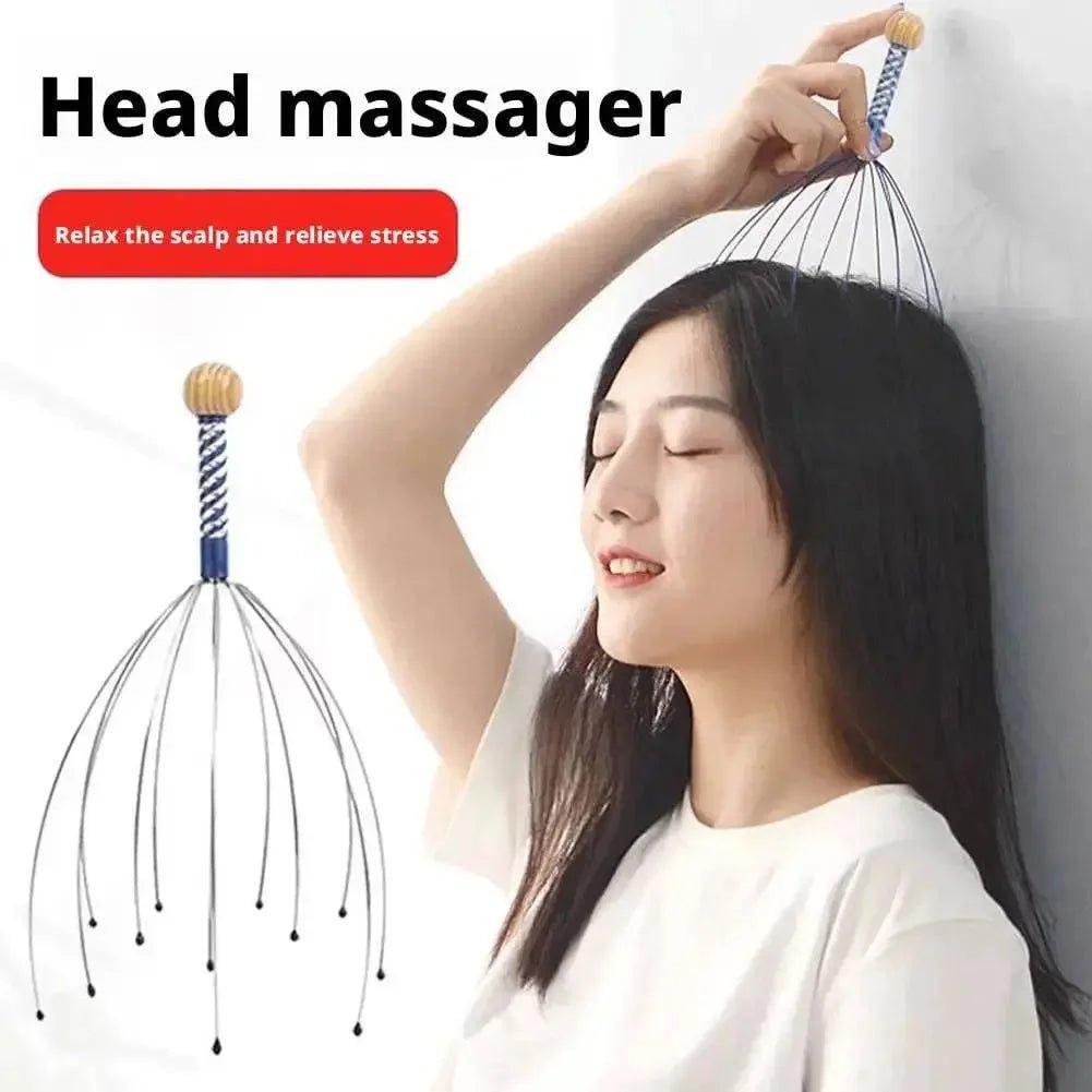 Woman using head massager to relax scalp and relieve stress, self-care beauty tool
