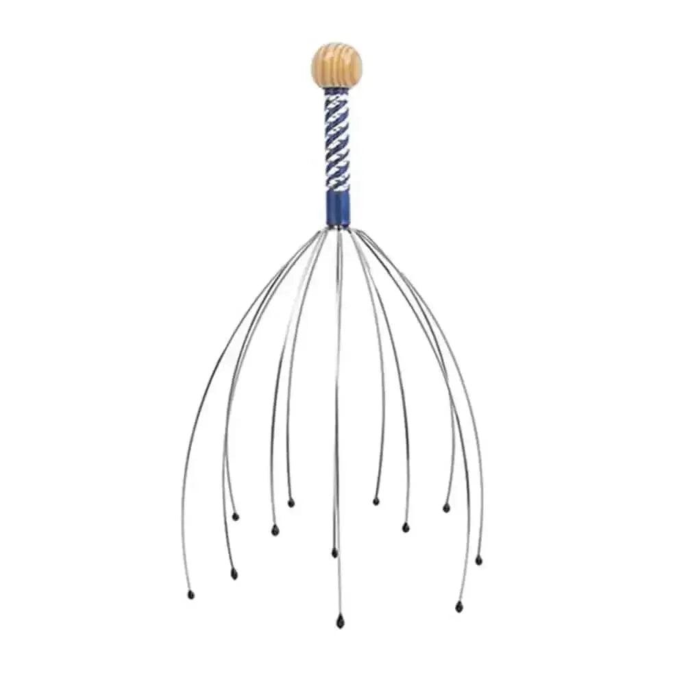 Wooden handle scalp massager with metal prongs for relaxation and hair care