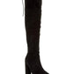 Black suede over-the-knee boots with block heel and side tie detail for women's fashion