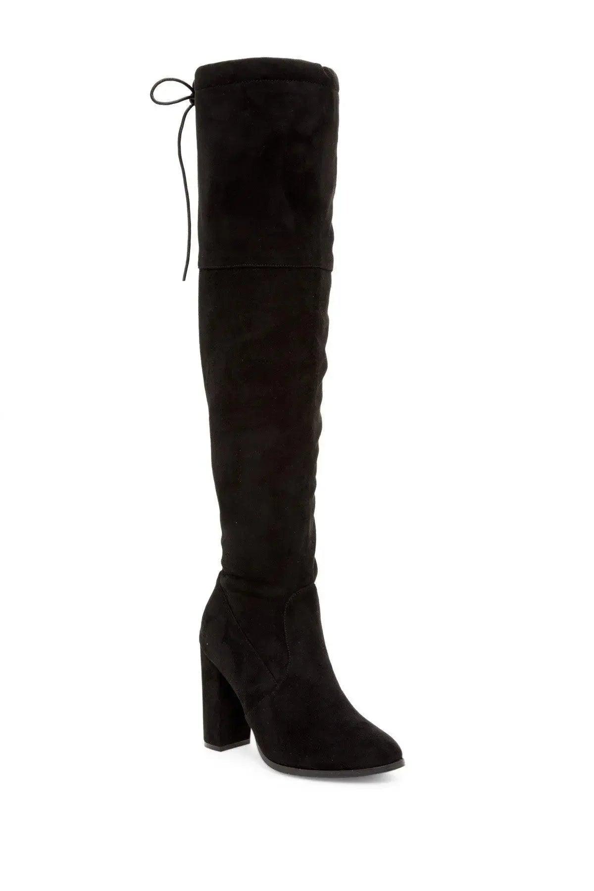 Black suede over-the-knee boots with block heel and side tie detail for women's fashion