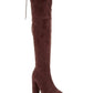 Brown suede over-the-knee boots with block heel and side tie detail for women's fashion