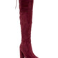 Burgundy suede over-the-knee boots with block heel and side tie detail for women's fashion