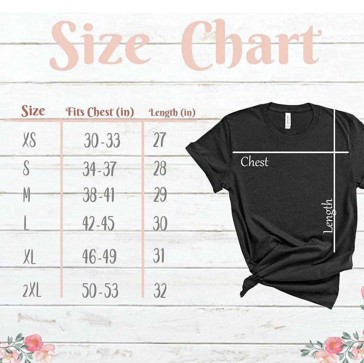 Women's black t-shirt size chart with chest and length measurements for XS to 2XL