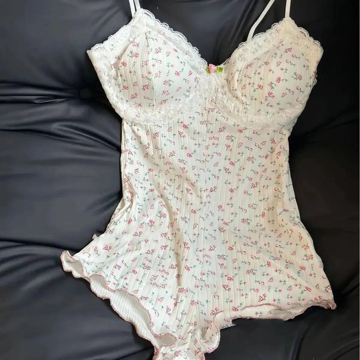 White floral lace camisole with ruffled hem, women's sleepwear