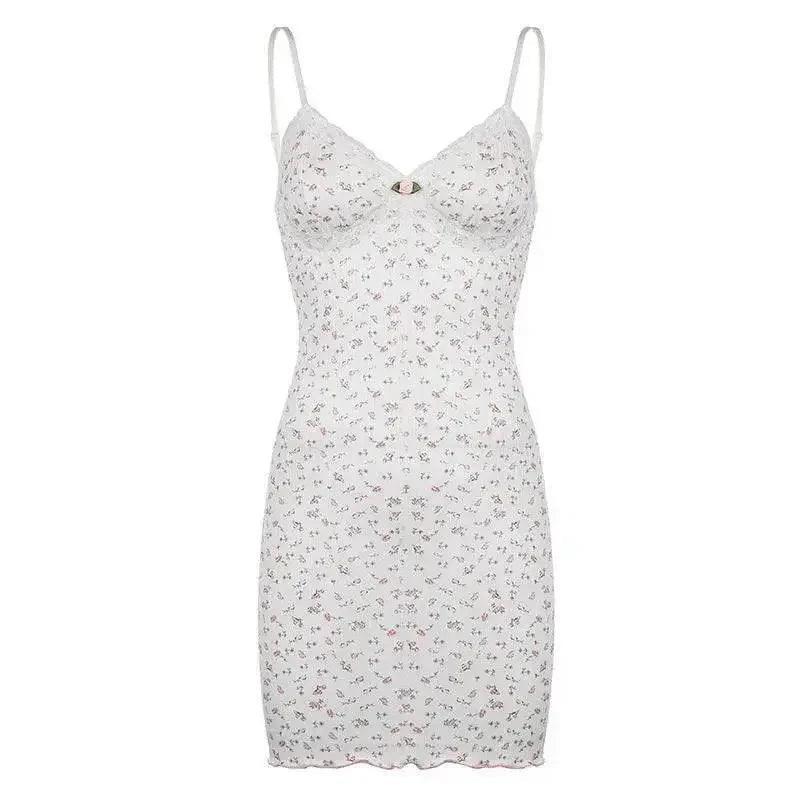 White floral lace camisole dress with thin straps and sweetheart neckline for women's fashion