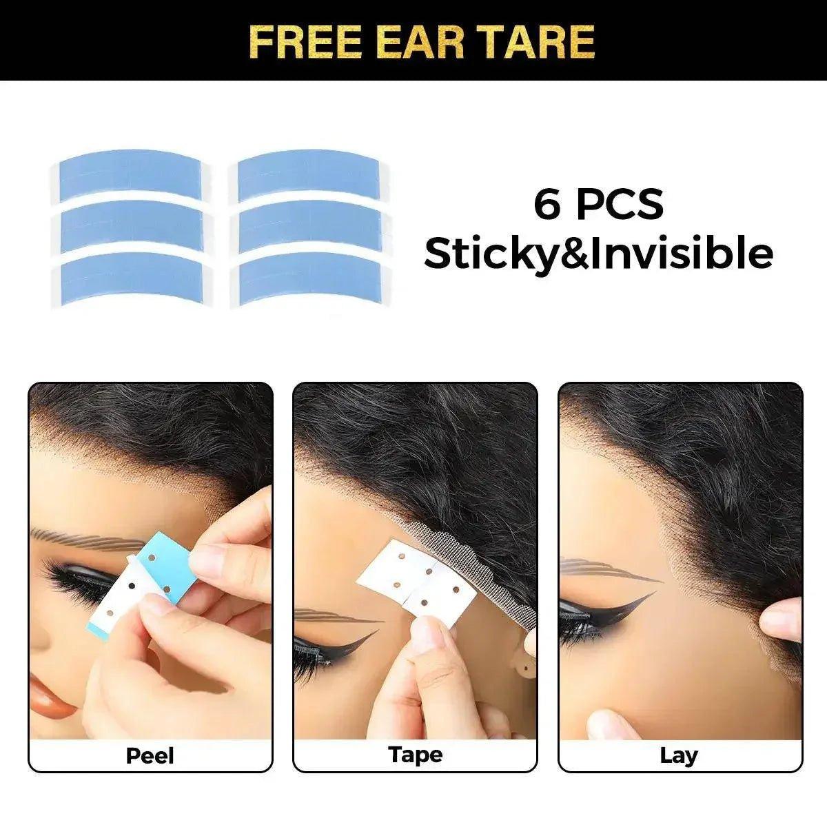 6 pcs sticky invisible ear tape for wig installation, peel tape lay steps shown