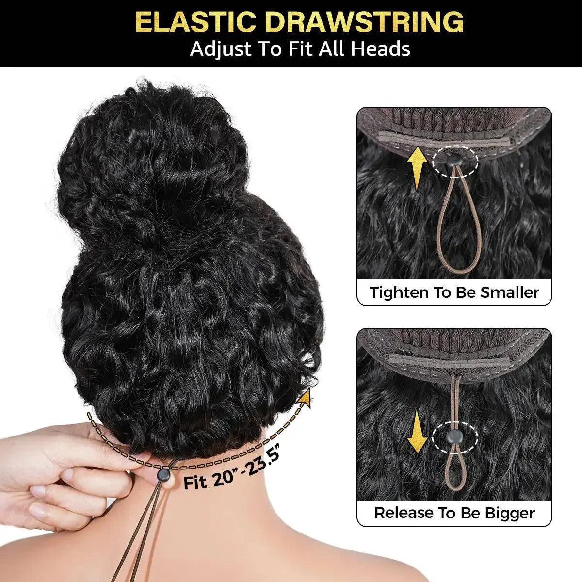Adjustable elastic drawstring curly hair bun for women, fits 20-23.5 inches, one-size-fits-all