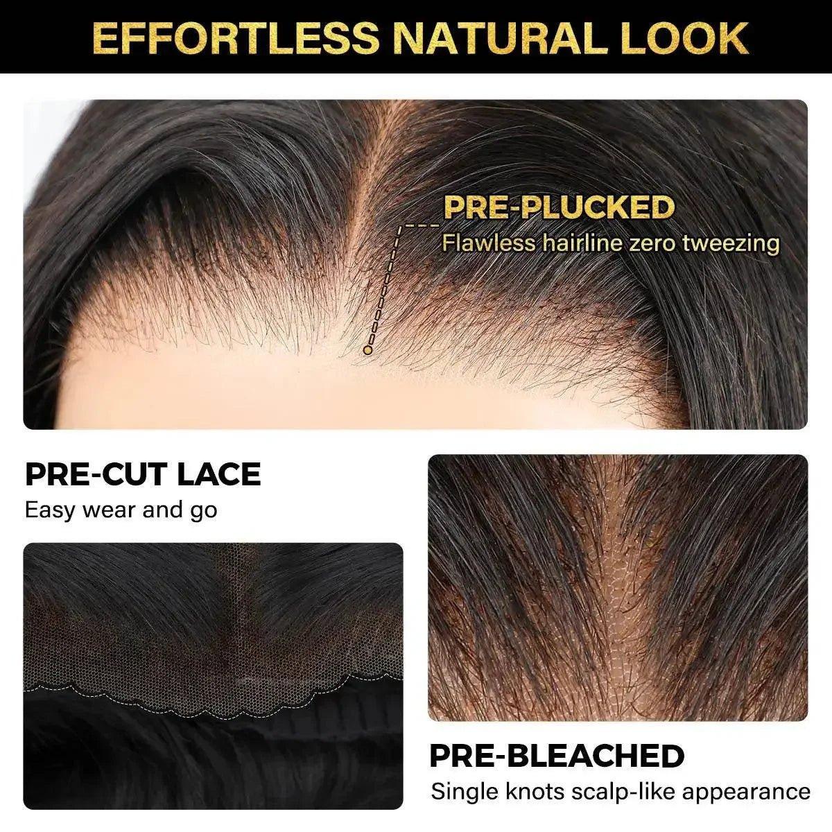 Natural-looking pre-plucked lace front wig with pre-cut lace and bleached knots for seamless scalp appearance