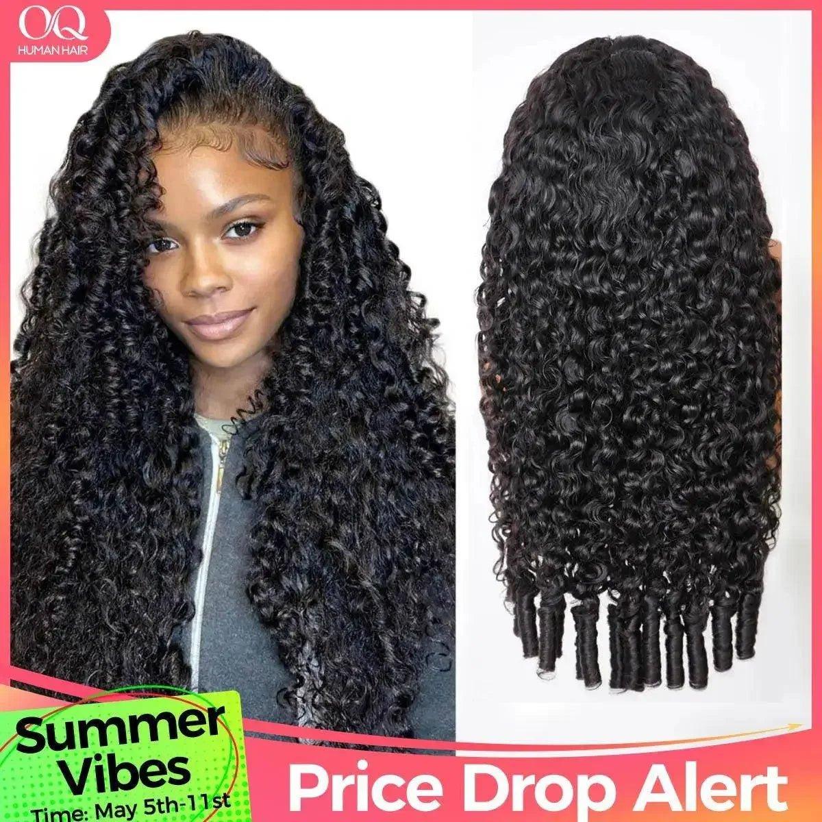 Woman wearing curly human hair wig with deep waves, shown front and back view for fashion styling