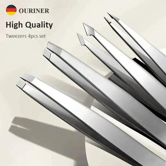High quality stainless steel tweezers 4pc set for precise grooming and beauty care