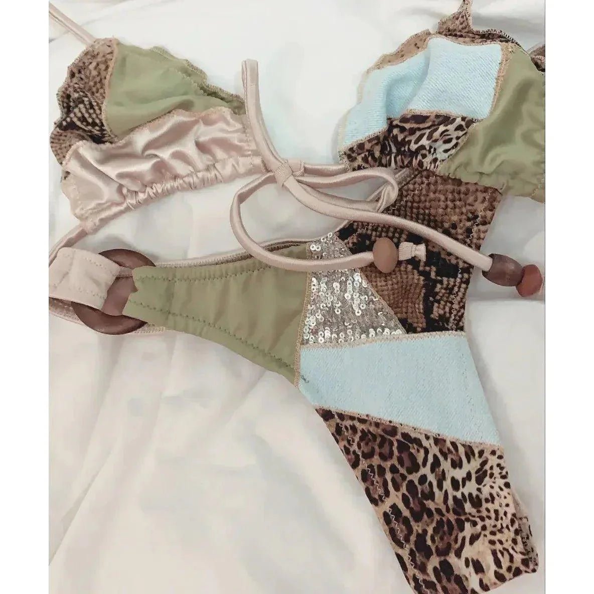 Patchwork Swimsuit Print Bikini Swimwear Swimsuit Women Separates Bead Swimwear Two Piece Side Straps Swimsuit Bathing Suit - Womans Fashion