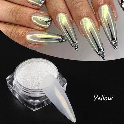 Yellow holographic nail powder with chrome effect for trendy manicures