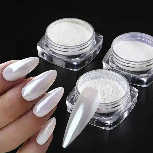 White pearl nail powder with glossy almond nails, perfect for fashion beauty manicures