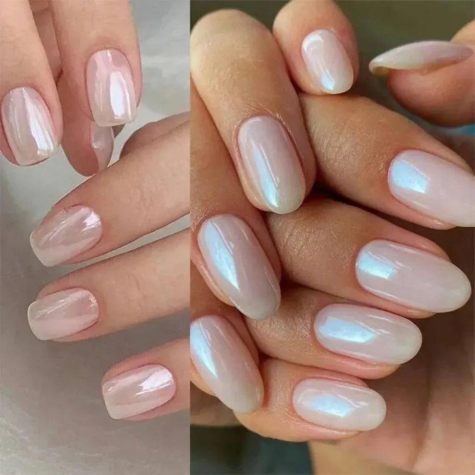 Elegant nude pearl nail polish with glossy finish, perfect for women’s fashion and beauty trends