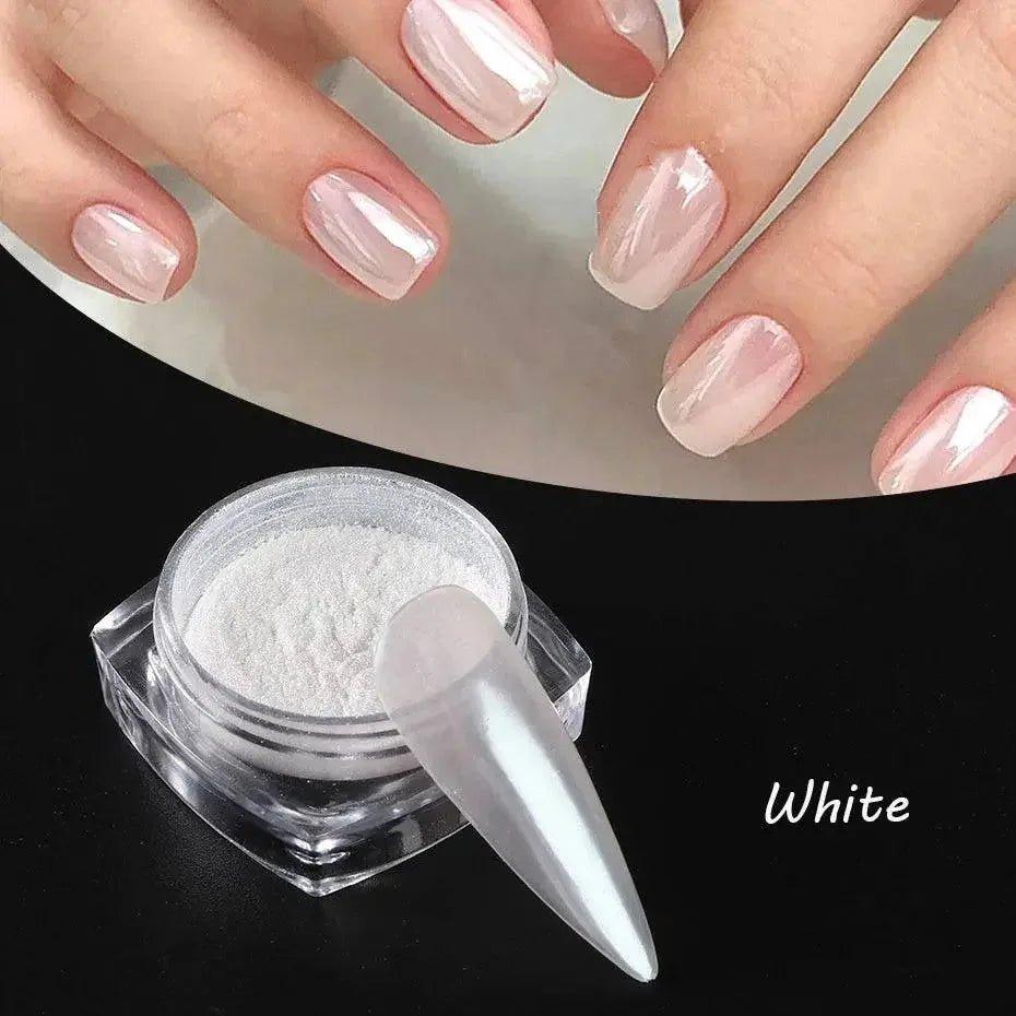 White nail powder with glossy manicure, perfect for women's fashion beauty looks