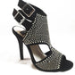 Black studded high heel sandals with double buckle straps, women's fashion footwear