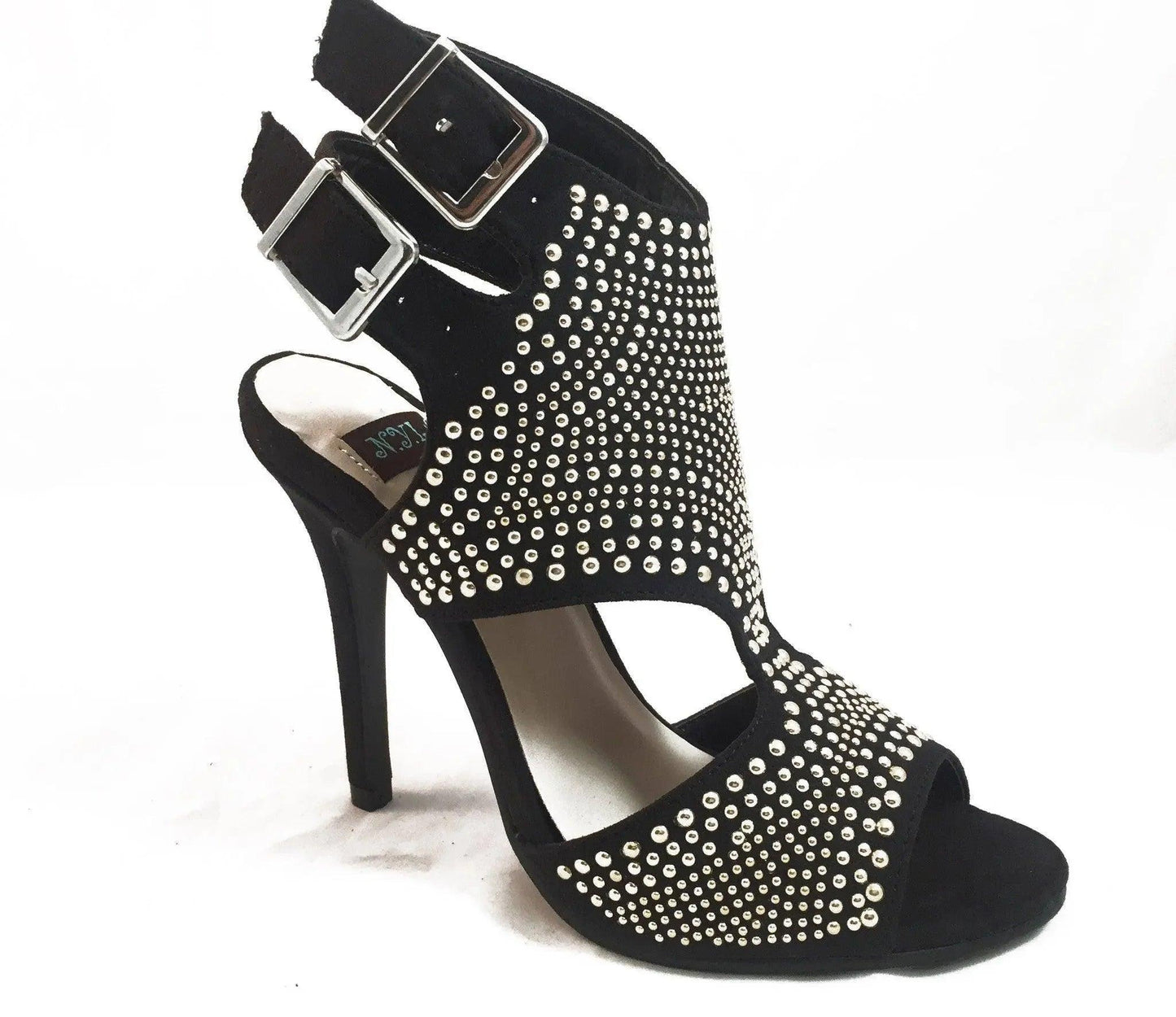 Black studded high heel sandals with double buckle straps, women's fashion footwear
