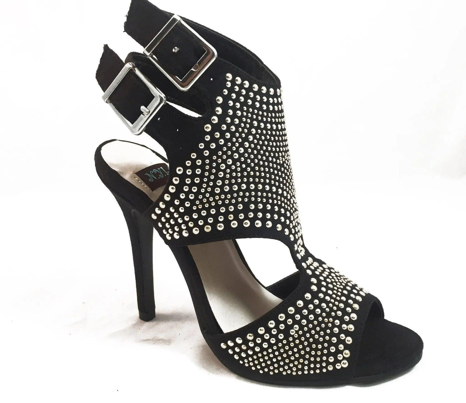 Black studded high heel sandals with double buckle straps, women's fashion footwear
