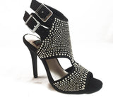 Black studded high heel sandals with double buckle straps, women's fashion footwear