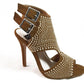 Brown studded high heel sandals with double buckle straps, women's fashion footwear