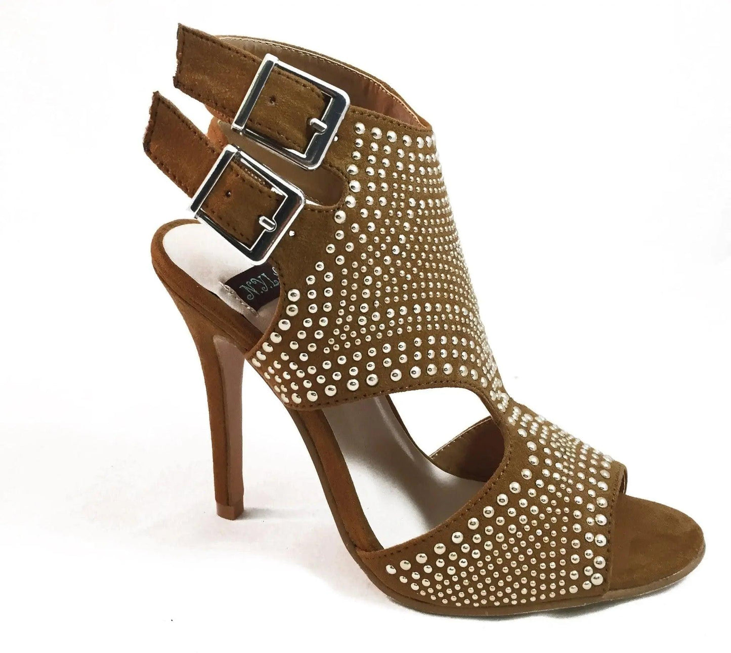 Brown studded high heel sandals with double buckle straps, women's fashion footwear