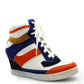 Women's high-top wedge sneaker with blue, orange, and white color block design, white laces, and hidden heel