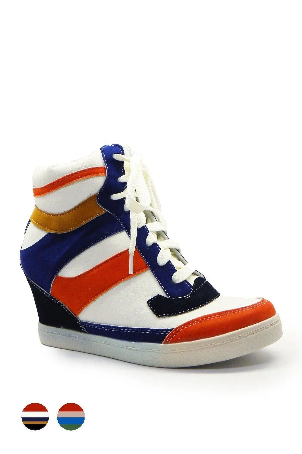 Women's high-top wedge sneaker with blue, orange, and white color block design, white laces, and hidden heel