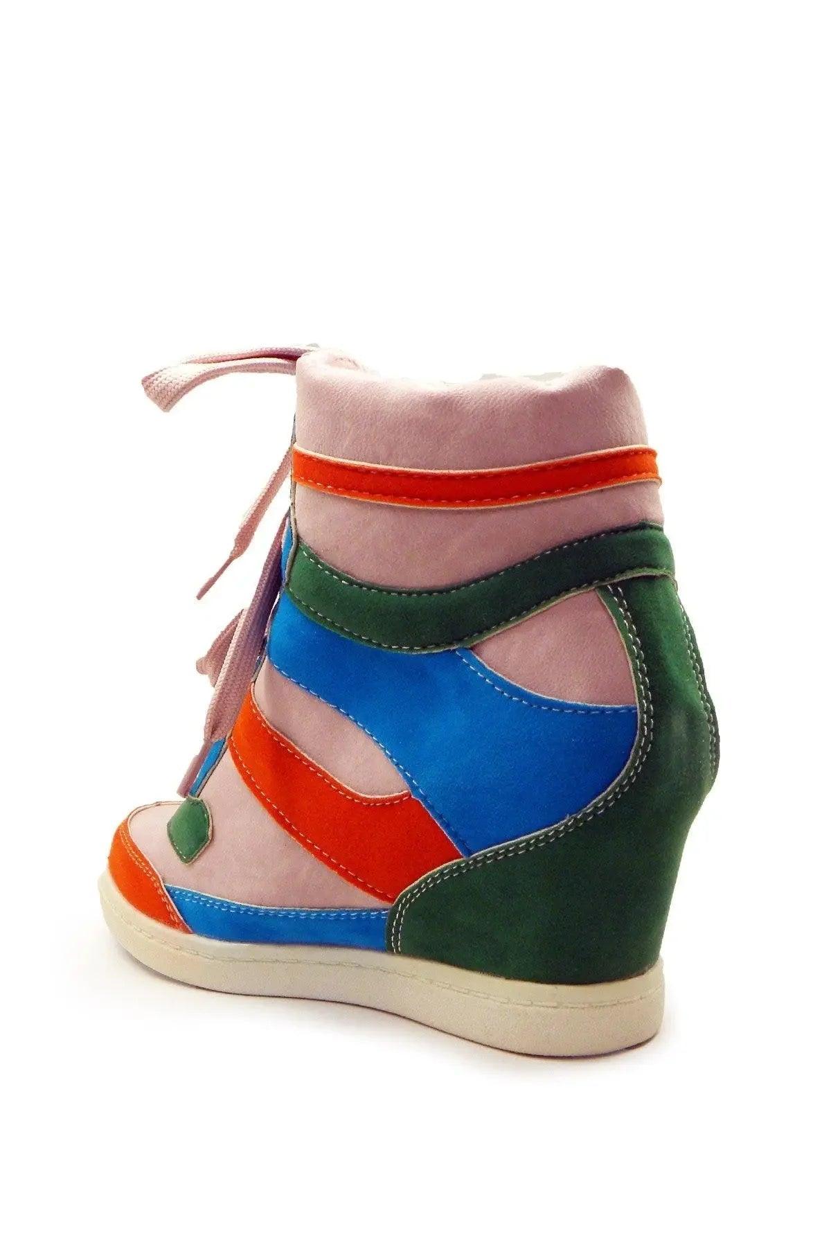 Colorful women's wedge sneaker with pink, blue, green, and orange panels, lace-up design, and platform sole