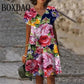 Woman wearing floral print V-neck summer dress with short sleeves, perfect for casual fashion