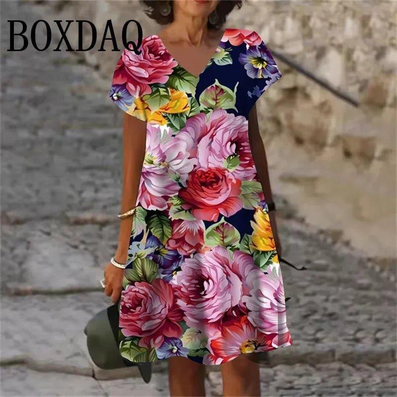 Woman wearing floral print V-neck summer dress with short sleeves, perfect for casual fashion