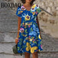 Blue floral dress with butterflies, V-neck short sleeve women's fashion summer outfit