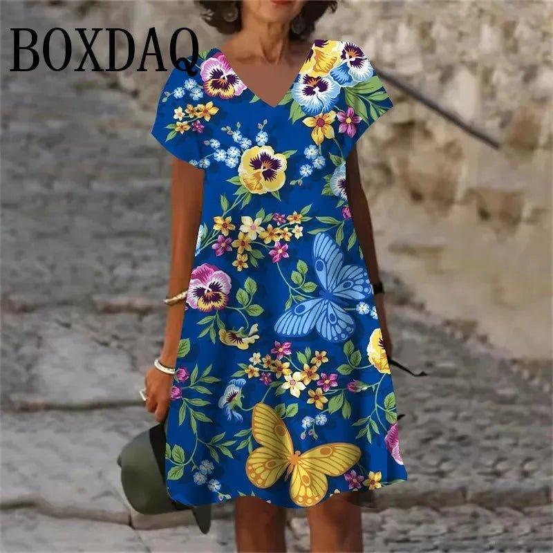Blue floral dress with butterflies, V-neck short sleeve women's fashion summer outfit