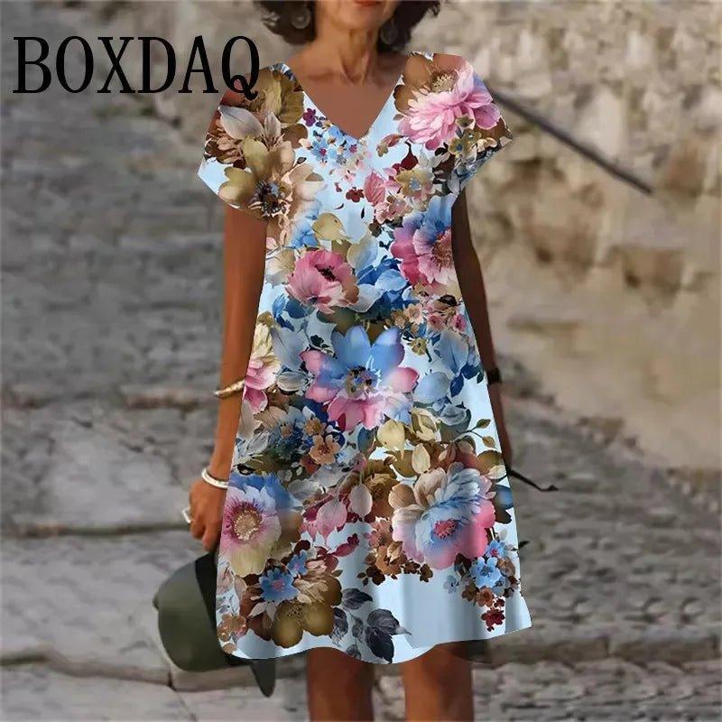 Woman wearing floral print V-neck dress, summer fashion style