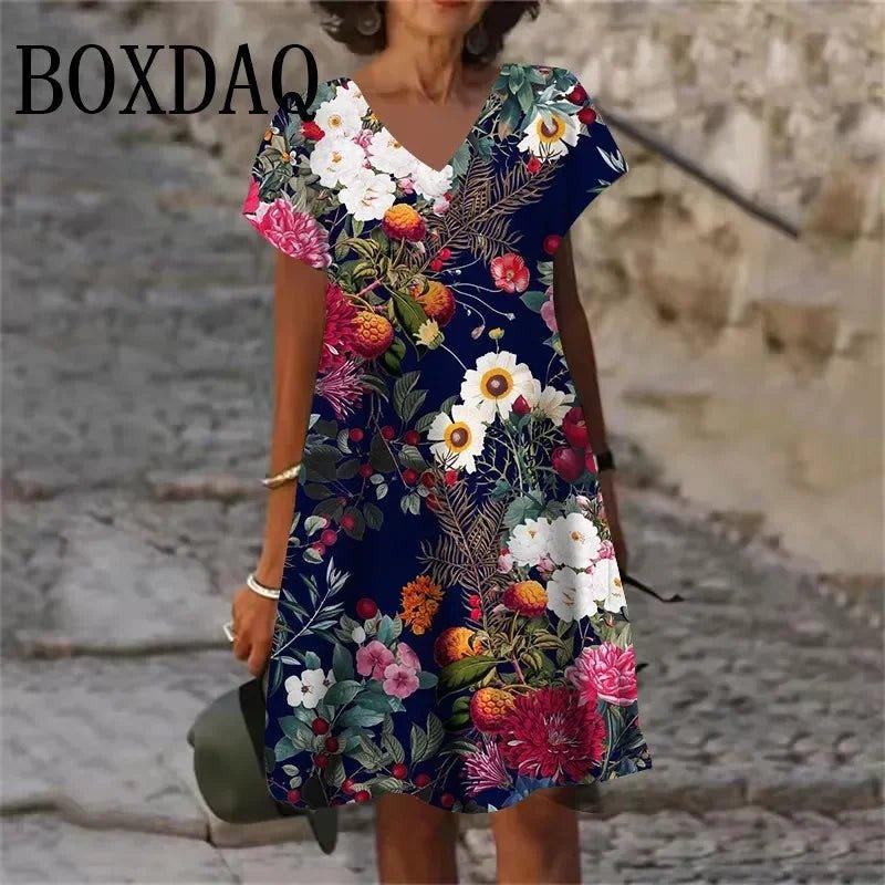 Woman wearing navy floral print dress with V-neck and short sleeves, perfect for summer fashion