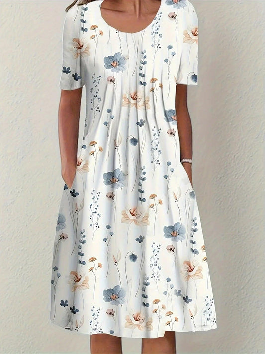 White floral print women's dress with short sleeves and round neckline, perfect for spring fashion