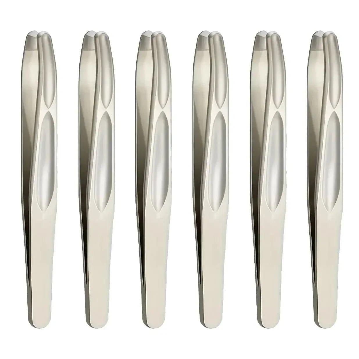 Six sleek stainless steel tweezers for precise beauty grooming and facial care