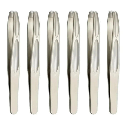 Six sleek stainless steel tweezers for precise beauty grooming and facial care