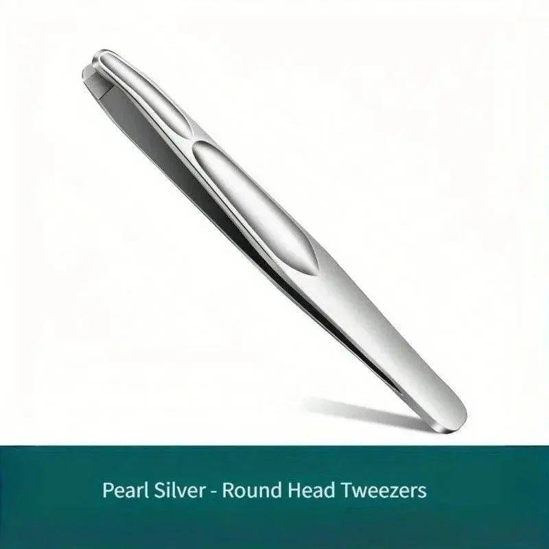 Pearl silver round head tweezers for precise beauty grooming