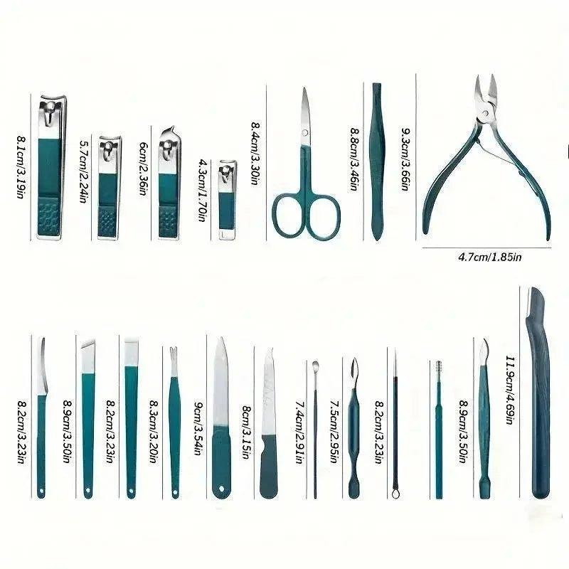 Green-handled manicure set with nail clippers, scissors, cuticle tools, and tweezers for beauty care