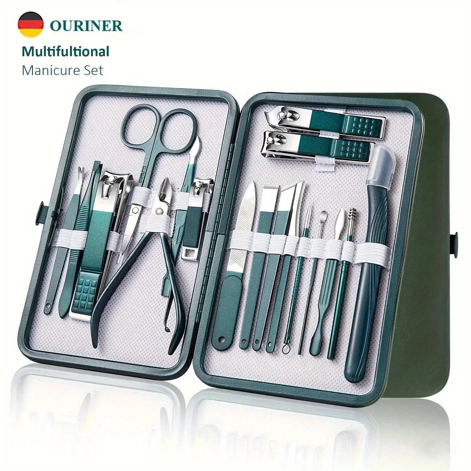 Green multifunctional manicure set with nail clippers, scissors, and tools in portable case